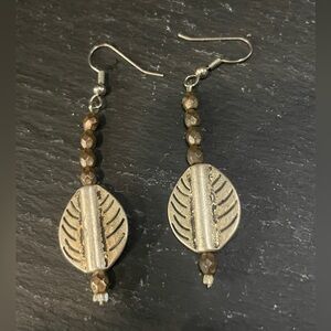 Boho Silver Tone Leaf Dangle Earrings • Brown Beads • Artisan Style